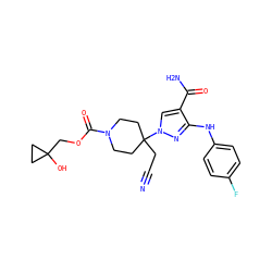 N#CCC1(n2cc(C(N)=O)c(Nc3ccc(F)cc3)n2)CCN(C(=O)OCC2(O)CC2)CC1 ZINC000219275184