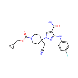N#CCC1(n2cc(C(N)=O)c(Nc3ccc(F)cc3)n2)CCN(C(=O)OCC2CC2)CC1 ZINC000222090016