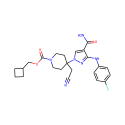 N#CCC1(n2cc(C(N)=O)c(Nc3ccc(F)cc3)n2)CCN(C(=O)OCC2CCC2)CC1 ZINC000220995582