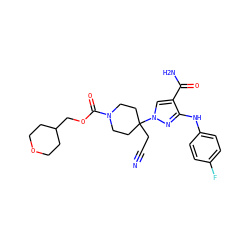 N#CCC1(n2cc(C(N)=O)c(Nc3ccc(F)cc3)n2)CCN(C(=O)OCC2CCOCC2)CC1 ZINC000219332901