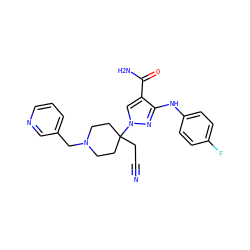 N#CCC1(n2cc(C(N)=O)c(Nc3ccc(F)cc3)n2)CCN(Cc2cccnc2)CC1 ZINC000222082079