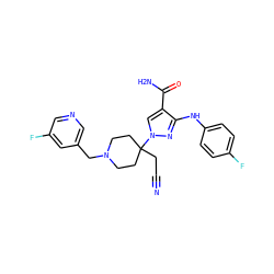 N#CCC1(n2cc(C(N)=O)c(Nc3ccc(F)cc3)n2)CCN(Cc2cncc(F)c2)CC1 ZINC000221012475