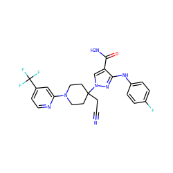 N#CCC1(n2cc(C(N)=O)c(Nc3ccc(F)cc3)n2)CCN(c2cc(C(F)(F)F)ccn2)CC1 ZINC000220970422