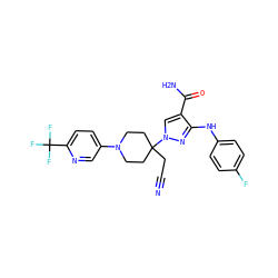 N#CCC1(n2cc(C(N)=O)c(Nc3ccc(F)cc3)n2)CCN(c2ccc(C(F)(F)F)nc2)CC1 ZINC000220980060