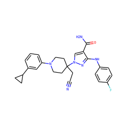 N#CCC1(n2cc(C(N)=O)c(Nc3ccc(F)cc3)n2)CCN(c2cccc(C3CC3)c2)CC1 ZINC000205051059