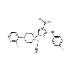 N#CCC1(n2cc(C(N)=O)c(Nc3ccc(F)cc3)n2)CCN(c2cccnc2F)CC1 ZINC000205066588