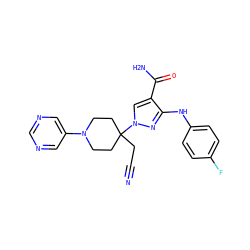 N#CCC1(n2cc(C(N)=O)c(Nc3ccc(F)cc3)n2)CCN(c2cncnc2)CC1 ZINC000205058612