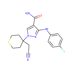 N#CCC1(n2cc(C(N)=O)c(Nc3ccc(F)cc3)n2)CCSCC1 ZINC000204980462