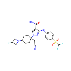 N#CCC1(n2cc(C(N)=O)c(Nc3ccc(S(=O)(=O)C(F)F)cc3)n2)CCC(N2CC(F)C2)CC1 ZINC000222089008