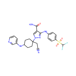 N#CCC1(n2cc(C(N)=O)c(Nc3ccc(S(=O)(=O)C(F)F)cc3)n2)CCC(Nc2cccnc2)CC1 ZINC000219280785