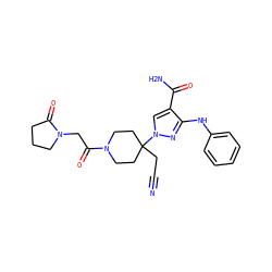 N#CCC1(n2cc(C(N)=O)c(Nc3ccccc3)n2)CCN(C(=O)CN2CCCC2=O)CC1 ZINC000220971275