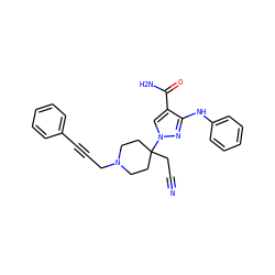 N#CCC1(n2cc(C(N)=O)c(Nc3ccccc3)n2)CCN(CC#Cc2ccccc2)CC1 ZINC000220969888