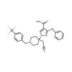 N#CCC1(n2cc(C(N)=O)c(Nc3ccccc3)n2)CCN(Cc2ccc(C(F)(F)F)cc2)CC1 ZINC000221005870