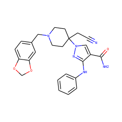 N#CCC1(n2cc(C(N)=O)c(Nc3ccccc3)n2)CCN(Cc2ccc3c(c2)OCO3)CC1 ZINC000220953661