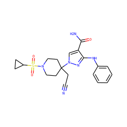 N#CCC1(n2cc(C(N)=O)c(Nc3ccccc3)n2)CCN(S(=O)(=O)C2CC2)CC1 ZINC000220953845