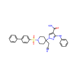 N#CCC1(n2cc(C(N)=O)c(Nc3ccccc3)n2)CCN(S(=O)(=O)c2ccc(-c3ccccc3)cc2)CC1 ZINC000220966051