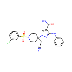 N#CCC1(n2cc(C(N)=O)c(Nc3ccccc3)n2)CCN(S(=O)(=O)c2cccc(Cl)c2)CC1 ZINC000219337091