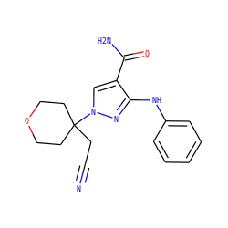 N#CCC1(n2cc(C(N)=O)c(Nc3ccccc3)n2)CCOCC1 ZINC000204980429