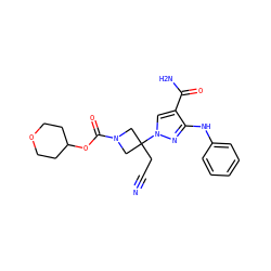 N#CCC1(n2cc(C(N)=O)c(Nc3ccccc3)n2)CN(C(=O)OC2CCOCC2)C1 ZINC000222075887