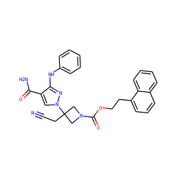 N#CCC1(n2cc(C(N)=O)c(Nc3ccccc3)n2)CN(C(=O)OCCc2cccc3ccccc23)C1 ZINC000219253906
