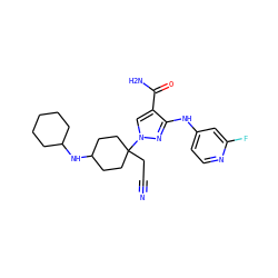 N#CCC1(n2cc(C(N)=O)c(Nc3ccnc(F)c3)n2)CCC(NC2CCCCC2)CC1 ZINC000221041466