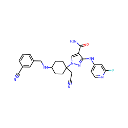 N#CCC1(n2cc(C(N)=O)c(Nc3ccnc(F)c3)n2)CCC(NCc2cccc(C#N)c2)CC1 ZINC000219279833