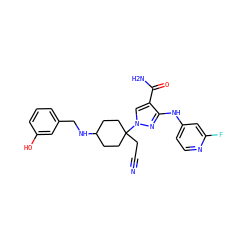 N#CCC1(n2cc(C(N)=O)c(Nc3ccnc(F)c3)n2)CCC(NCc2cccc(O)c2)CC1 ZINC000220985439
