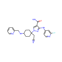 N#CCC1(n2cc(C(N)=O)c(Nc3ccnc(F)c3)n2)CCC(NCc2ccccn2)CC1 ZINC000220948555