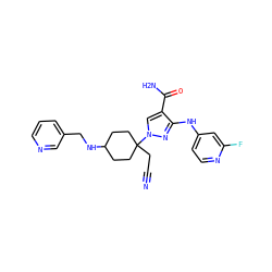N#CCC1(n2cc(C(N)=O)c(Nc3ccnc(F)c3)n2)CCC(NCc2cccnc2)CC1 ZINC000221043049