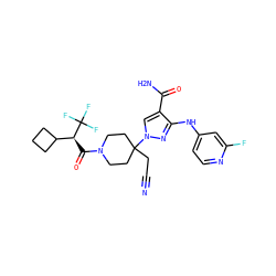 N#CCC1(n2cc(C(N)=O)c(Nc3ccnc(F)c3)n2)CCN(C(=O)[C@@H](C2CCC2)C(F)(F)F)CC1 ZINC000219778199