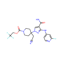 N#CCC1(n2cc(C(N)=O)c(Nc3ccnc(F)c3)n2)CCN(C(=O)OCC(F)(F)F)CC1 ZINC000218409720