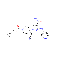 N#CCC1(n2cc(C(N)=O)c(Nc3ccnc(F)c3)n2)CCN(C(=O)OCC2CC2)CC1 ZINC000221011012