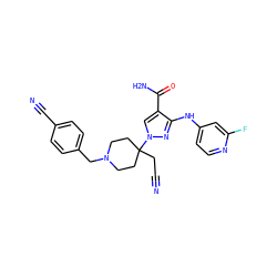N#CCC1(n2cc(C(N)=O)c(Nc3ccnc(F)c3)n2)CCN(Cc2ccc(C#N)cc2)CC1 ZINC000219186232