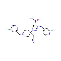 N#CCC1(n2cc(C(N)=O)c(Nc3ccnc(F)c3)n2)CCN(Cc2cncc(F)c2)CC1 ZINC000220975559