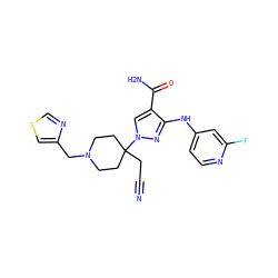N#CCC1(n2cc(C(N)=O)c(Nc3ccnc(F)c3)n2)CCN(Cc2cscn2)CC1 ZINC000221020971