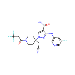 N#CCC1(n2cc(C(N)=O)c(Nc3cncc(F)c3)n2)CCN(C(=O)CC(F)(F)F)CC1 ZINC000222097498