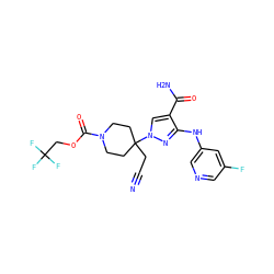 N#CCC1(n2cc(C(N)=O)c(Nc3cncc(F)c3)n2)CCN(C(=O)OCC(F)(F)F)CC1 ZINC000222093956