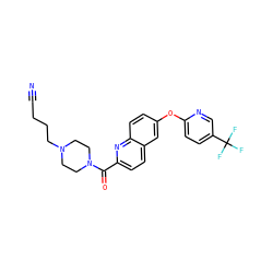 N#CCCCN1CCN(C(=O)c2ccc3cc(Oc4ccc(C(F)(F)F)cn4)ccc3n2)CC1 ZINC001772589641