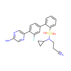 N#CCCN(C1CC1)S(=O)(=O)c1ccccc1-c1ccc(-c2cnc(N)cn2)c(F)c1 ZINC000224686023