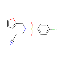 N#CCCN(Cc1ccco1)S(=O)(=O)c1ccc(Cl)cc1 ZINC000004364032