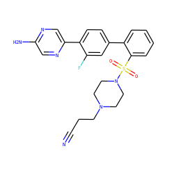 N#CCCN1CCN(S(=O)(=O)c2ccccc2-c2ccc(-c3cnc(N)cn3)c(F)c2)CC1 ZINC000224725055