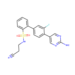N#CCCNS(=O)(=O)c1ccccc1-c1ccc(-c2cnc(N)nc2)c(F)c1 ZINC000224765536