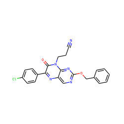 N#CCCn1c(=O)c(-c2ccc(Cl)cc2)nc2cnc(OCc3ccccc3)nc21 ZINC000004238358
