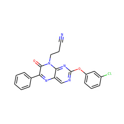 N#CCCn1c(=O)c(-c2ccccc2)nc2cnc(Oc3cccc(Cl)c3)nc21 ZINC000004238350