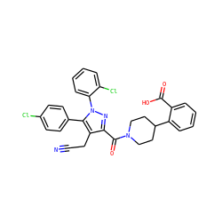 N#CCc1c(C(=O)N2CCC(c3ccccc3C(=O)O)CC2)nn(-c2ccccc2Cl)c1-c1ccc(Cl)cc1 ZINC000049761921