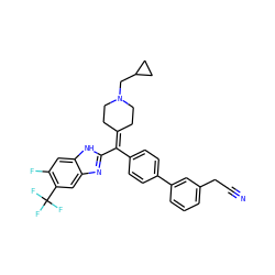 N#CCc1cccc(-c2ccc(C(=C3CCN(CC4CC4)CC3)c3nc4cc(C(F)(F)F)c(F)cc4[nH]3)cc2)c1 ZINC000038157856