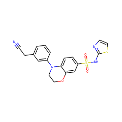 N#CCc1cccc(N2CCOc3cc(S(=O)(=O)Nc4nccs4)ccc32)c1 ZINC000205735476
