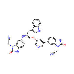 N#CCn1c(=O)[nH]c2ccc(N[C@H](COc3cncc(-c4ccc5[nH]c(=O)n(CC#N)c5c4)c3)Cc3c[nH]c4ccccc34)cc21 ZINC000034803866