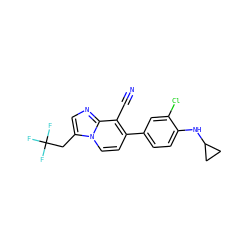 N#Cc1c(-c2ccc(NC3CC3)c(Cl)c2)ccn2c(CC(F)(F)F)cnc12 ZINC000045350731