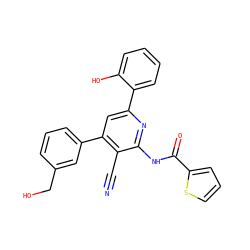 N#Cc1c(-c2cccc(CO)c2)cc(-c2ccccc2O)nc1NC(=O)c1cccs1 ZINC000049803391